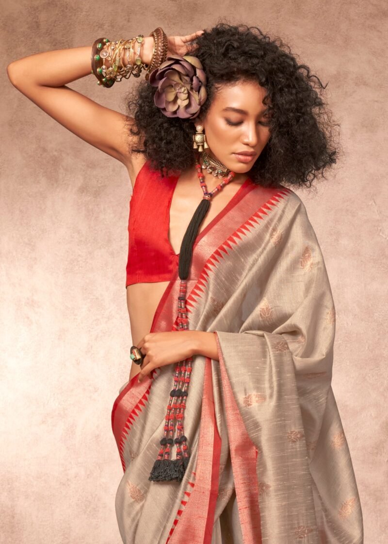 Silver Grey Banarasi Silk Saree with Contrast Border - Image 3