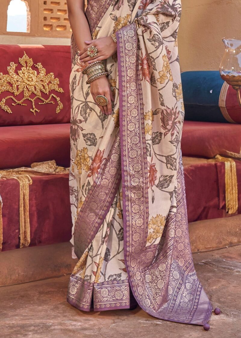 Sand Beige Luxe Floral Printed Silk Saree - Image 2