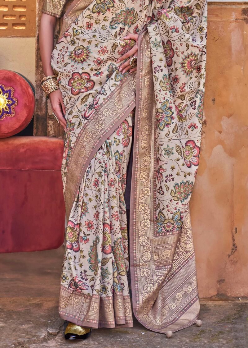 Beige Mauve Luxe Floral Printed Silk Saree - Image 4