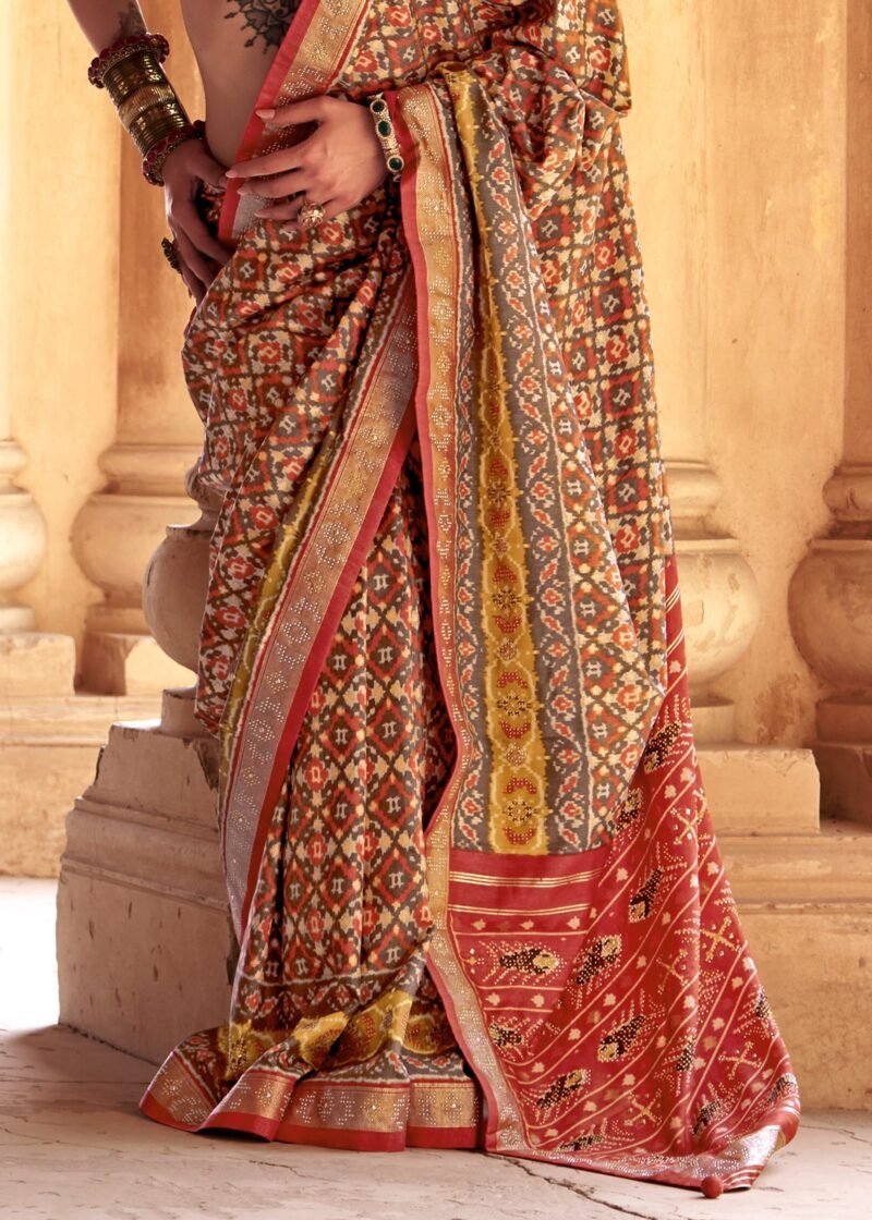 Rust Orange Printed Traditional Patola Silk Saree - Image 4