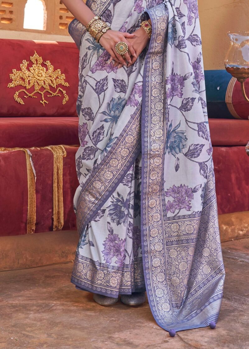Lilac Purple Luxe Floral Printed Silk Saree - Image 4