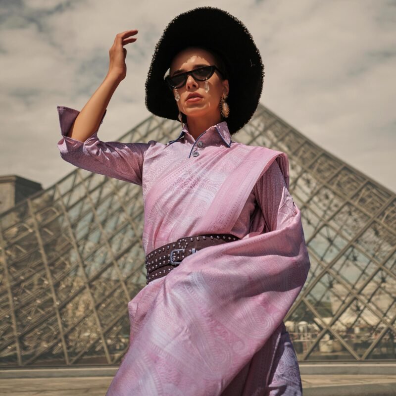 Purple Woven Satin Saree With Tassels - Image 2