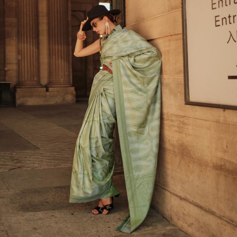Green Woven Satin Saree With Tassels - Image 3