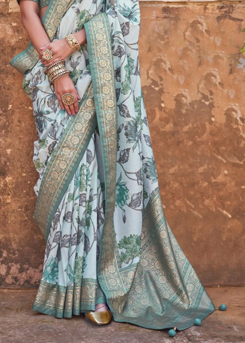 Dusky Green Luxe Floral Printed Silk Saree - Image 2