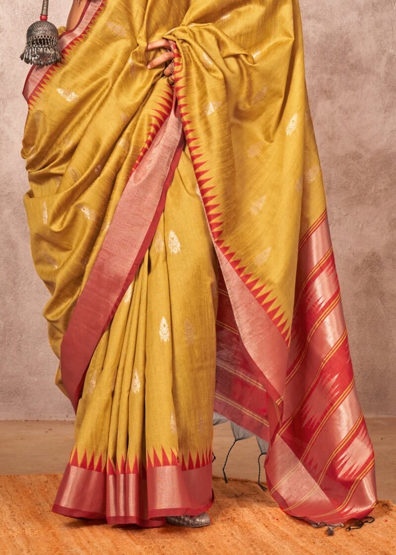Misted Yellow Banarasi Silk Saree with Contrast Border - Image 2