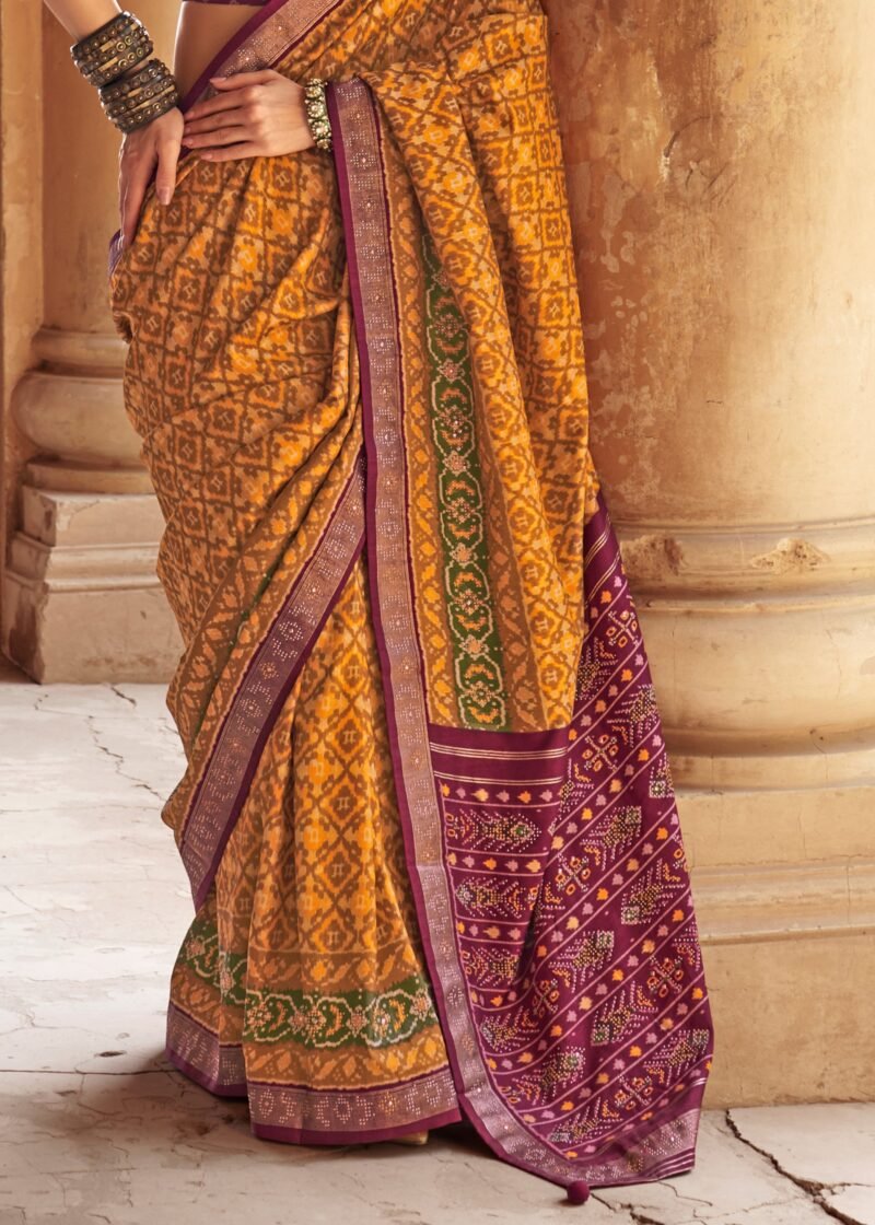Apricot Yellow Printed Traditional Patola Silk Saree - Image 3
