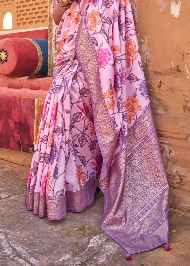 Blush Pink Luxe Floral Printed Silk Saree - Image 2