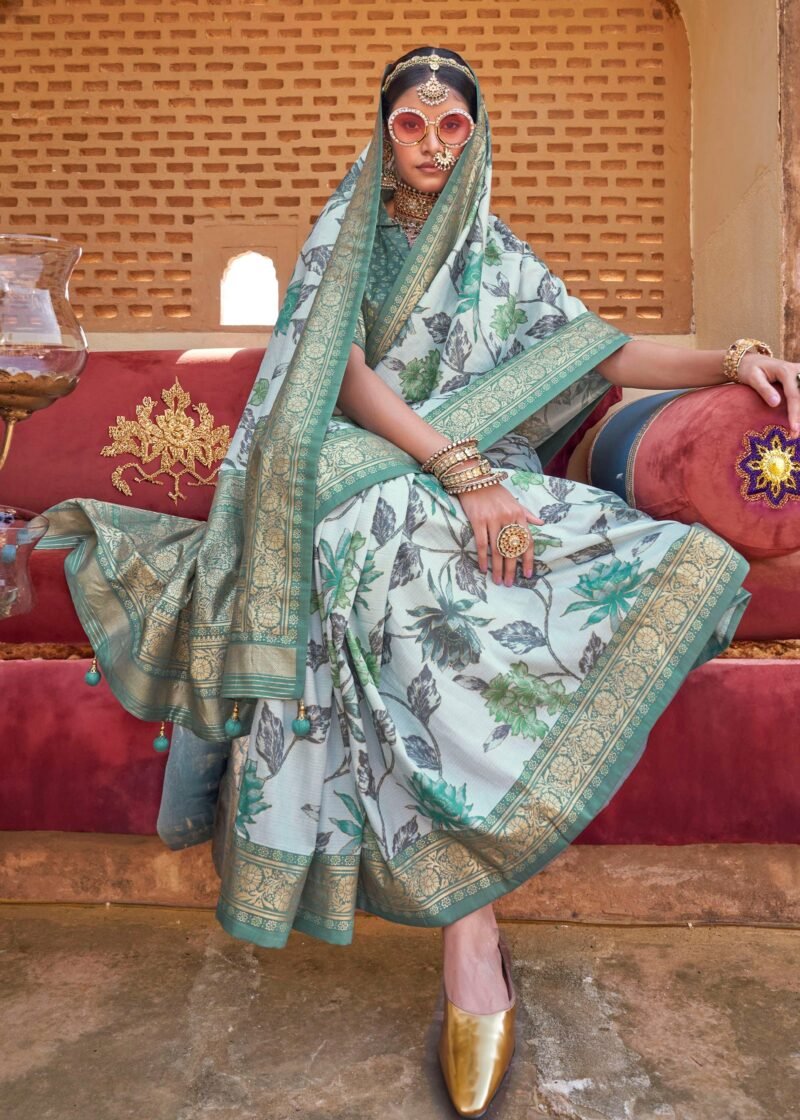 Dusky Green Luxe Floral Printed Silk Saree - Image 3