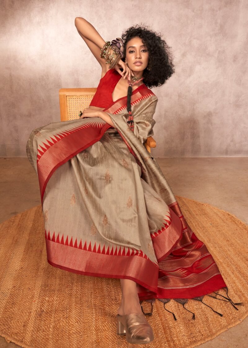 Silver Grey Banarasi Silk Saree with Contrast Border - Image 4