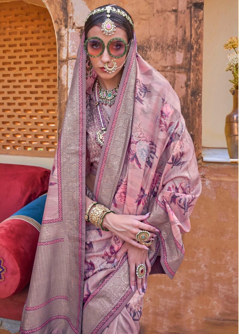Mauve Pink Luxe Floral Printed Silk Saree - Image 2