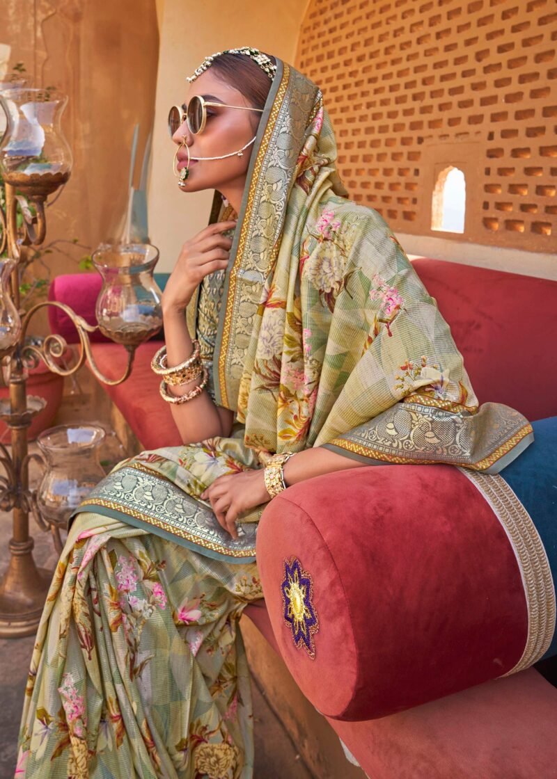 Herbal Green Luxe Floral Printed Silk Saree - Image 3