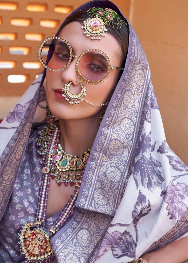 Lilac Purple Luxe Floral Printed Silk Saree - Image 3