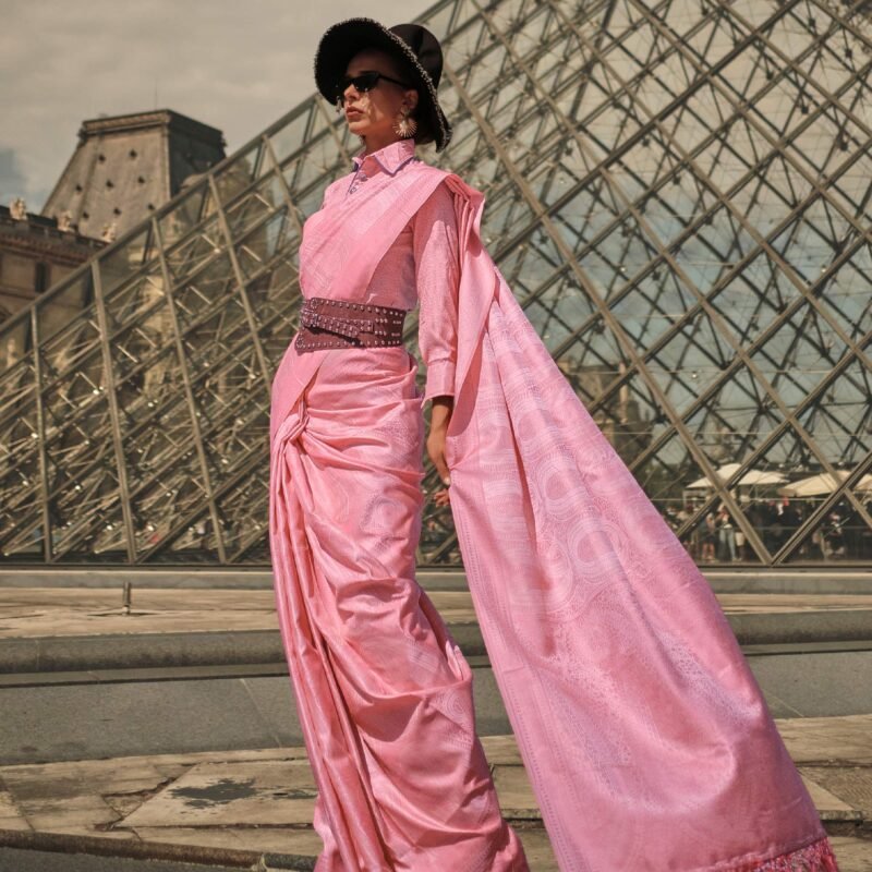 Pink Woven Satin Saree With Tassels - Image 2
