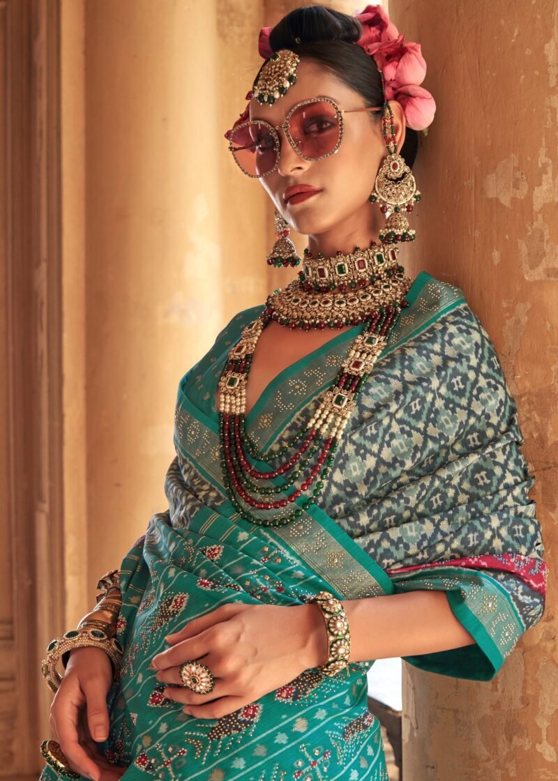 Aqua Green Printed Traditional Patola Silk Saree - Image 2