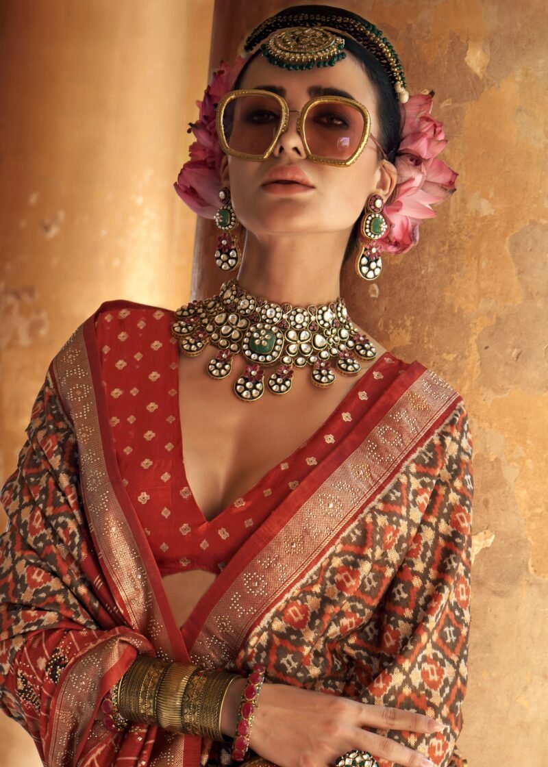 Rust Orange Printed Traditional Patola Silk Saree - Image 3