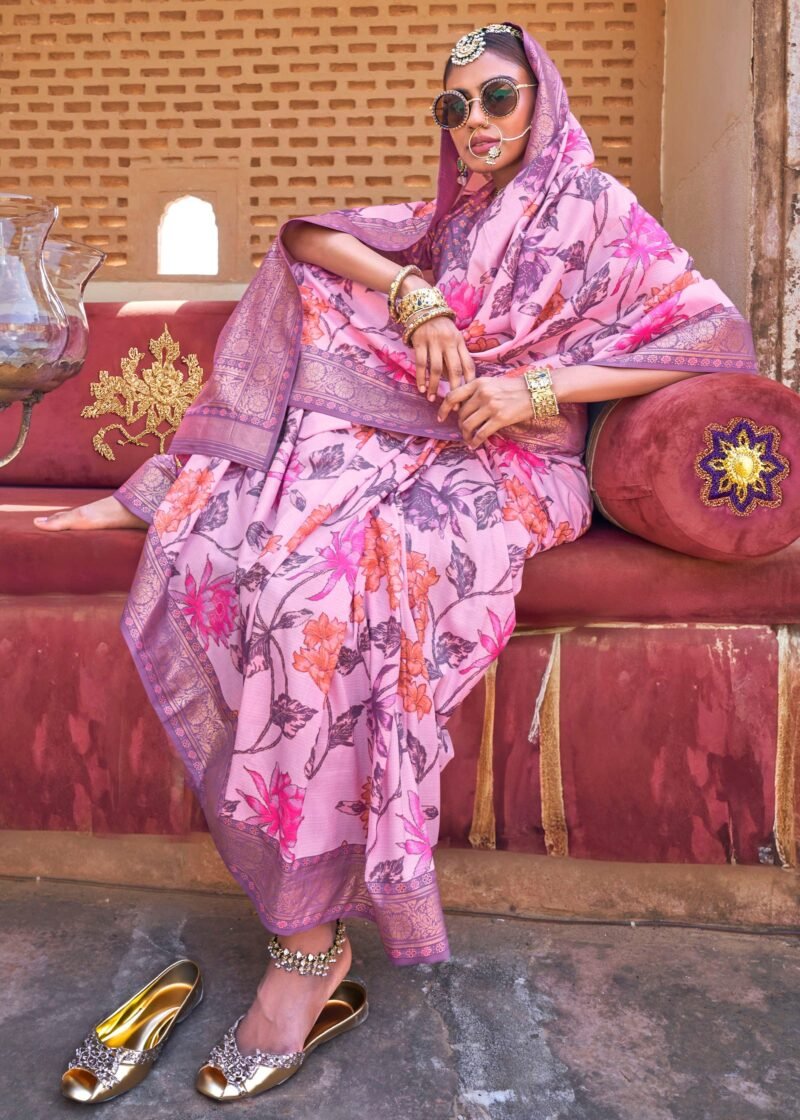 Blush Pink Luxe Floral Printed Silk Saree - Image 3