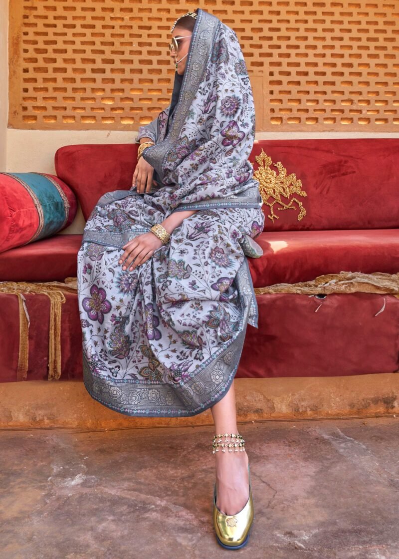 Deep Grey Luxe Floral Printed Silk Saree - Image 3