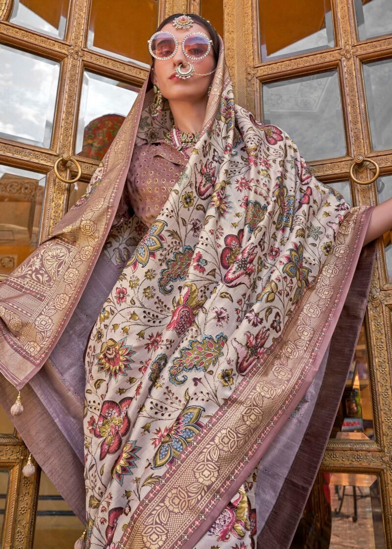Beige Mauve Luxe Floral Printed Silk Saree - Image 3