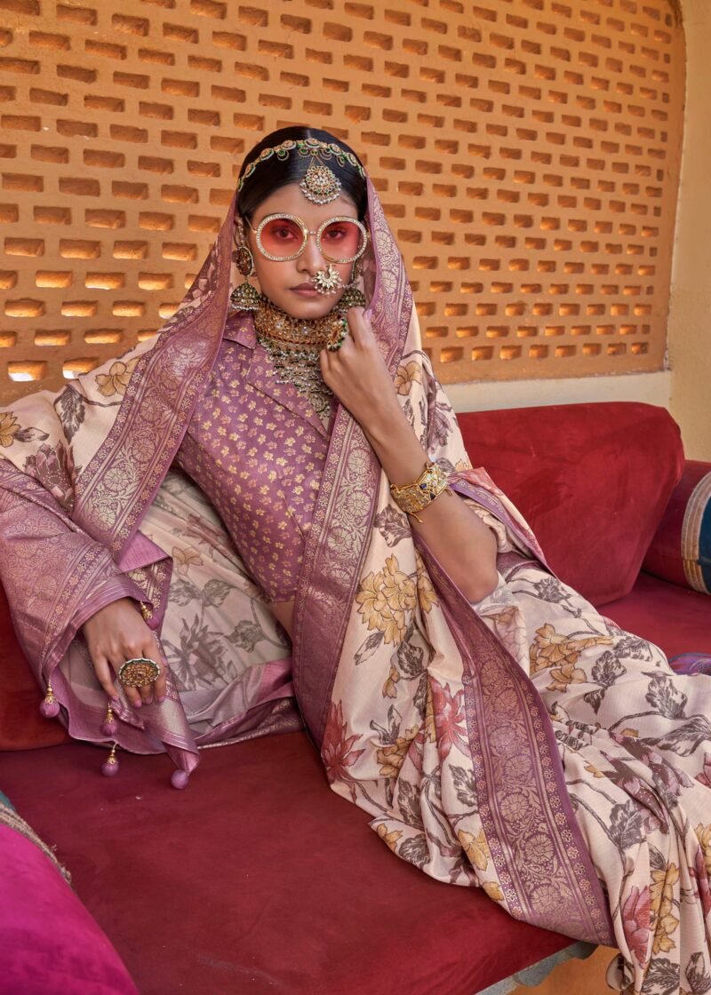 Sand Beige Luxe Floral Printed Silk Saree - Image 4