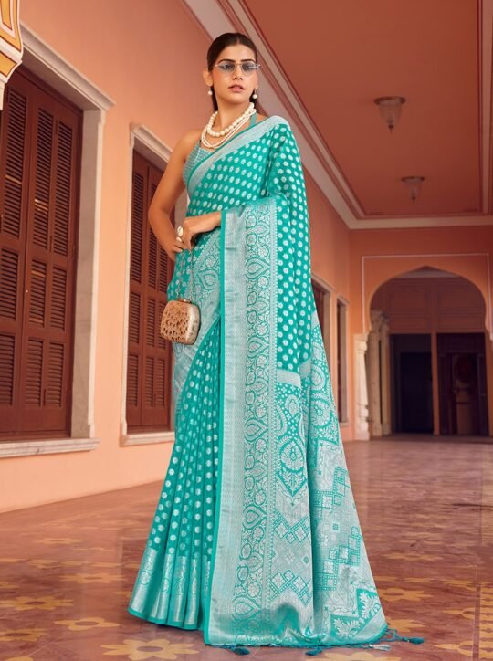 Turquoise Georgette Printed Saree with Weaving Buta Border Pallu