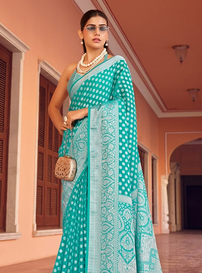 Turquoise Georgette Printed Saree with Weaving Buta Border Pallu - Image 2