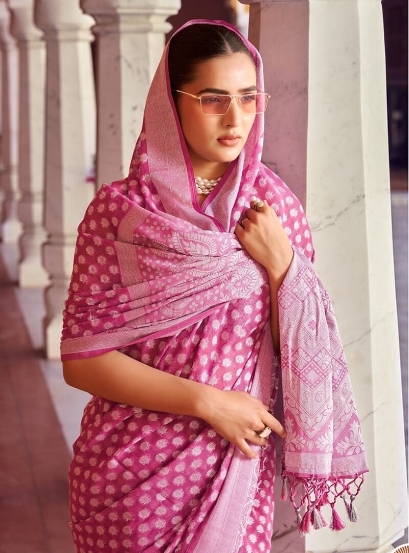 Pink Georgette Printed Saree with Weaving Buta Border Pallu - Image 2