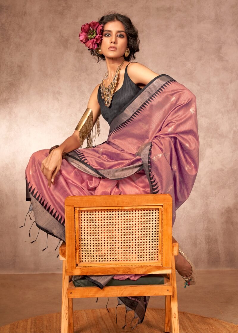 Mauve Pink Banarasi Silk Saree with Contrast Border - Image 4