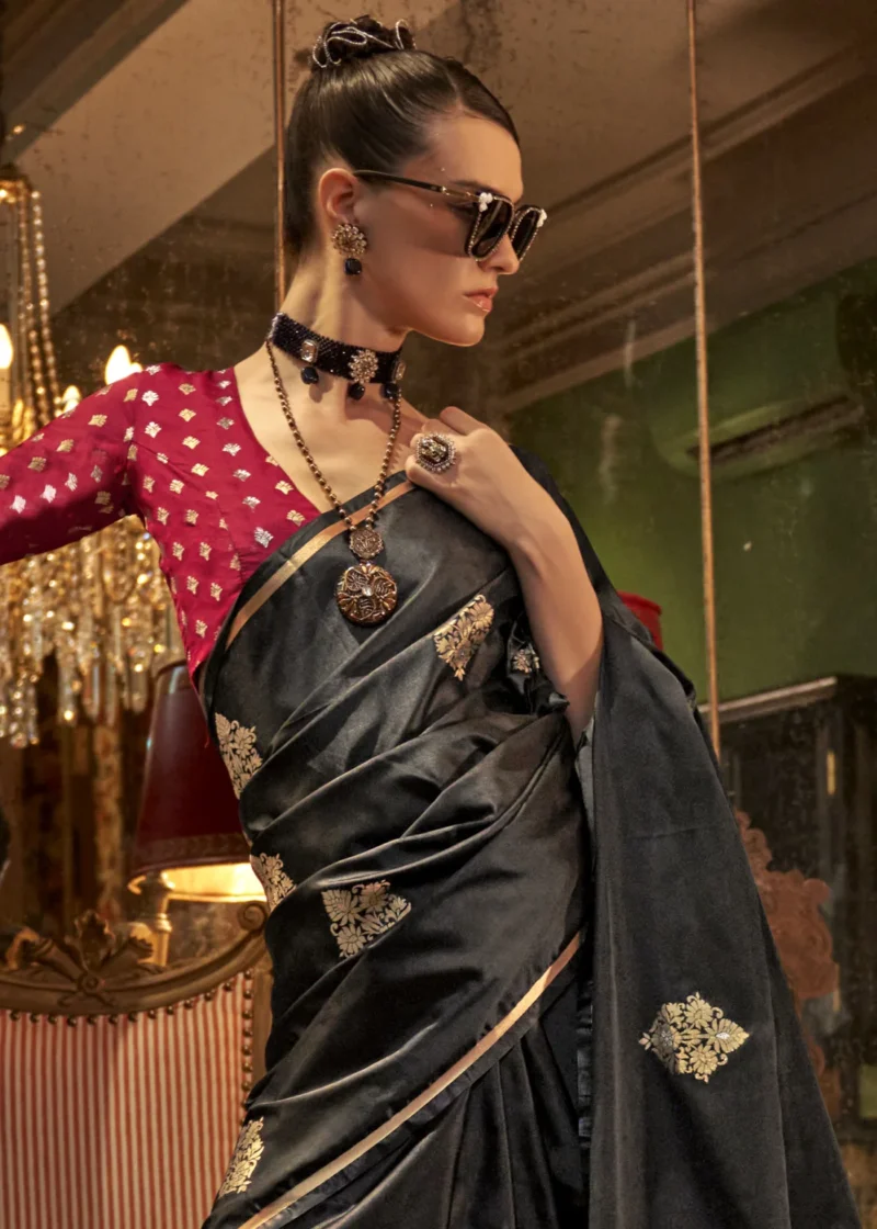 Black Luxe Banarasi Satin Silk Saree - Image 2
