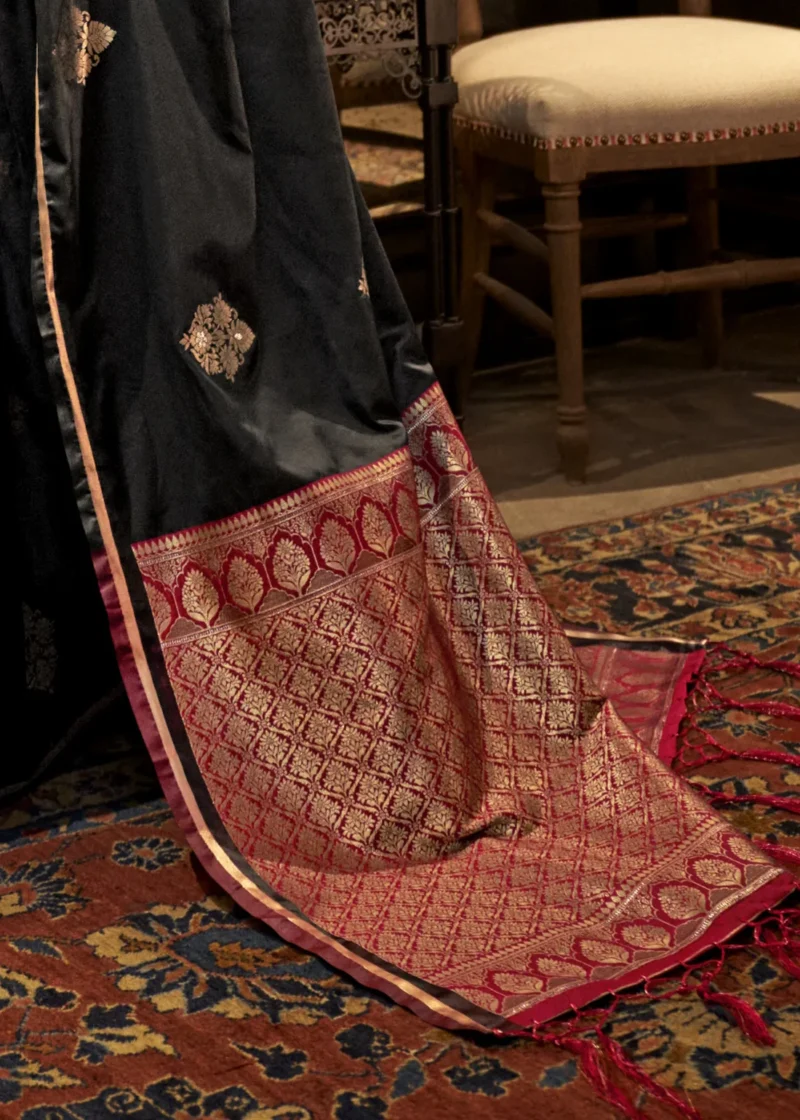 Black Luxe Banarasi Satin Silk Saree - Image 3