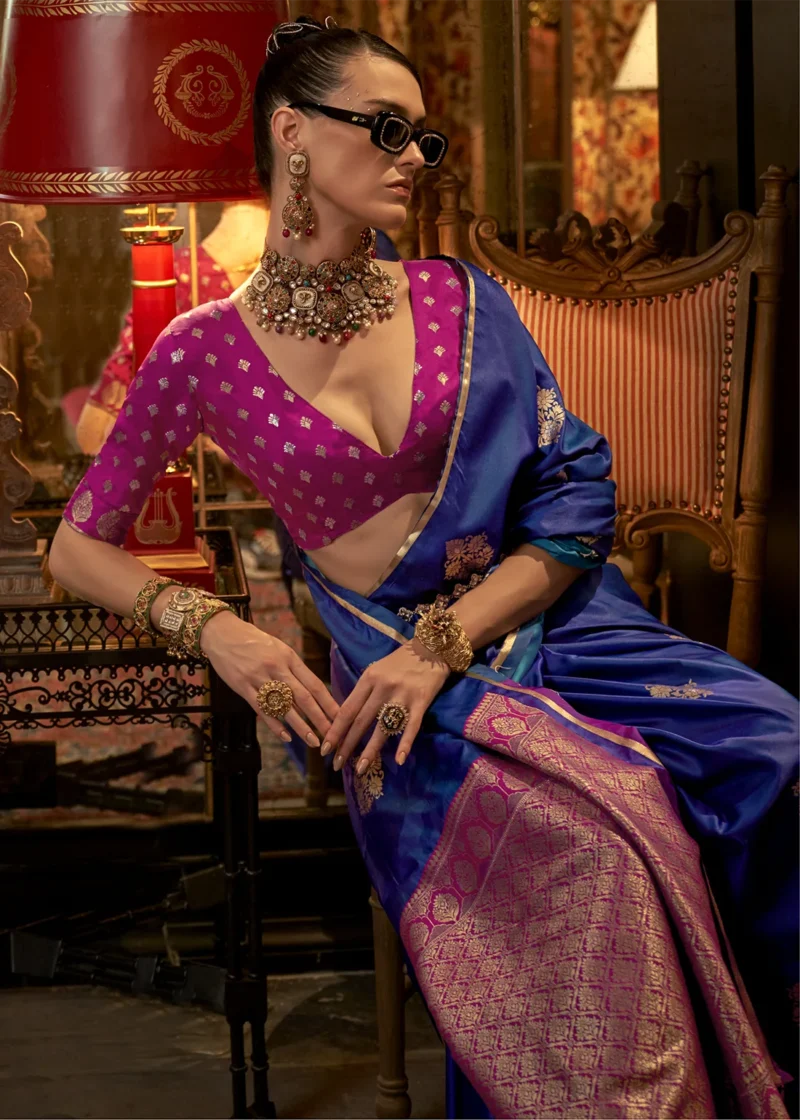 Blue Luxe Banarasi Satin Silk Saree - Image 3