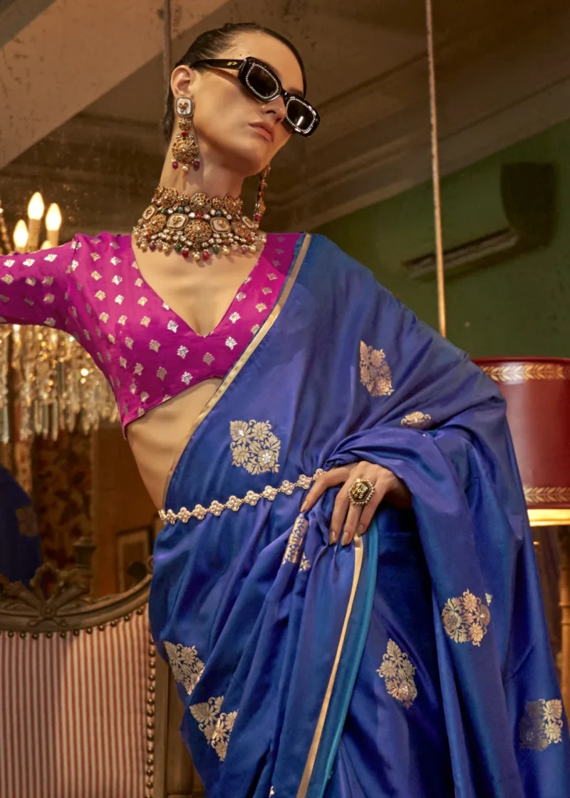 Blue Luxe Banarasi Satin Silk Saree - Image 2