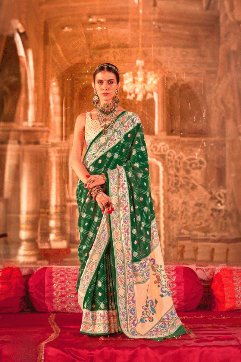Green Silk Luxe Bandhani Saree with Paithani Border - Image 4