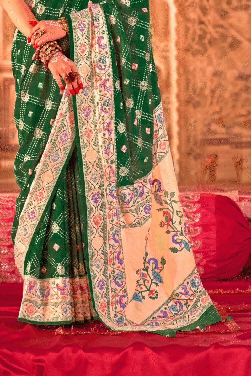 Green Silk Luxe Bandhani Saree with Paithani Border - Image 3