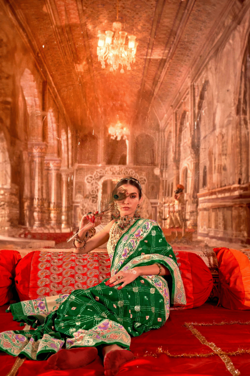 Green Silk Luxe Bandhani Saree with Paithani Border - Image 2