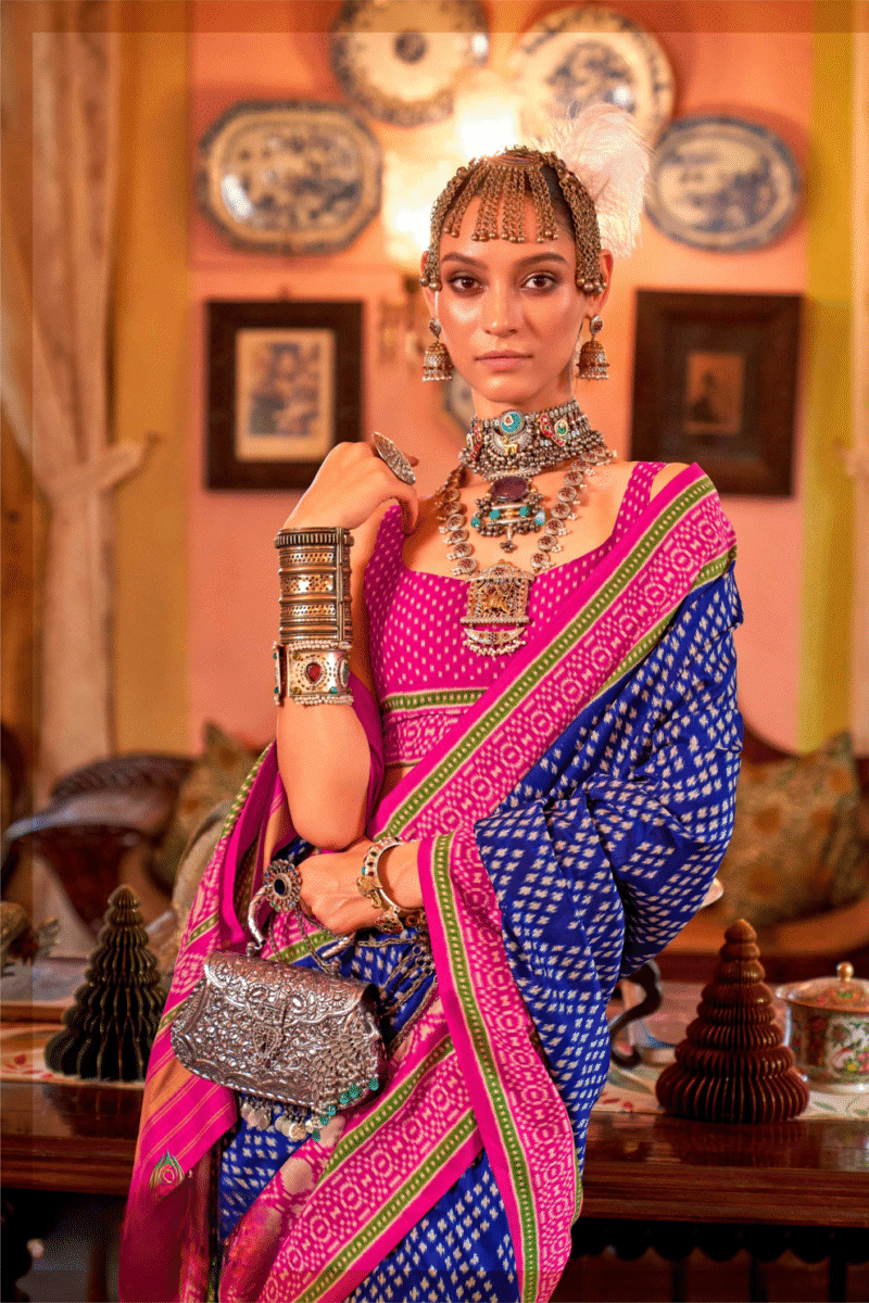 Navy Blue Polyester Viscose Silk Patola Designer Zari Work Saree - Image 2