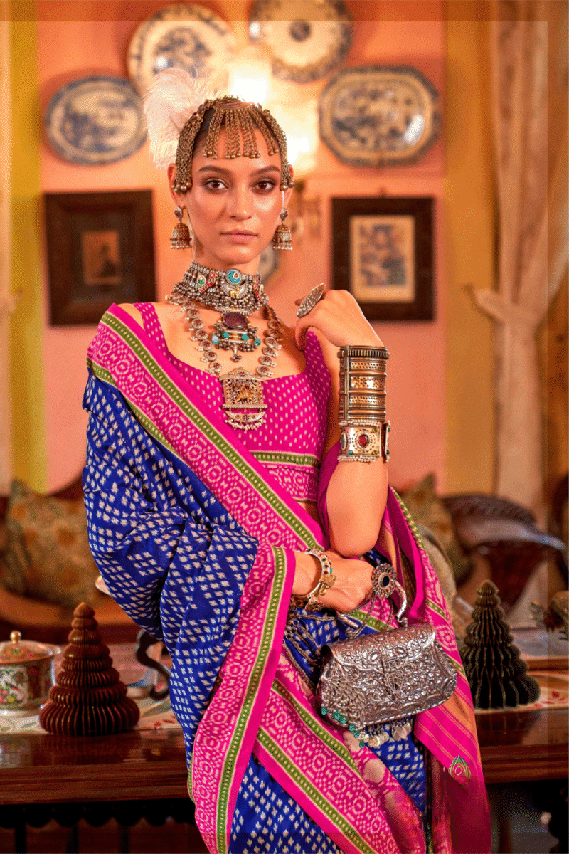 Navy Blue Polyester Viscose Silk Patola Designer Zari Work Saree - Image 4