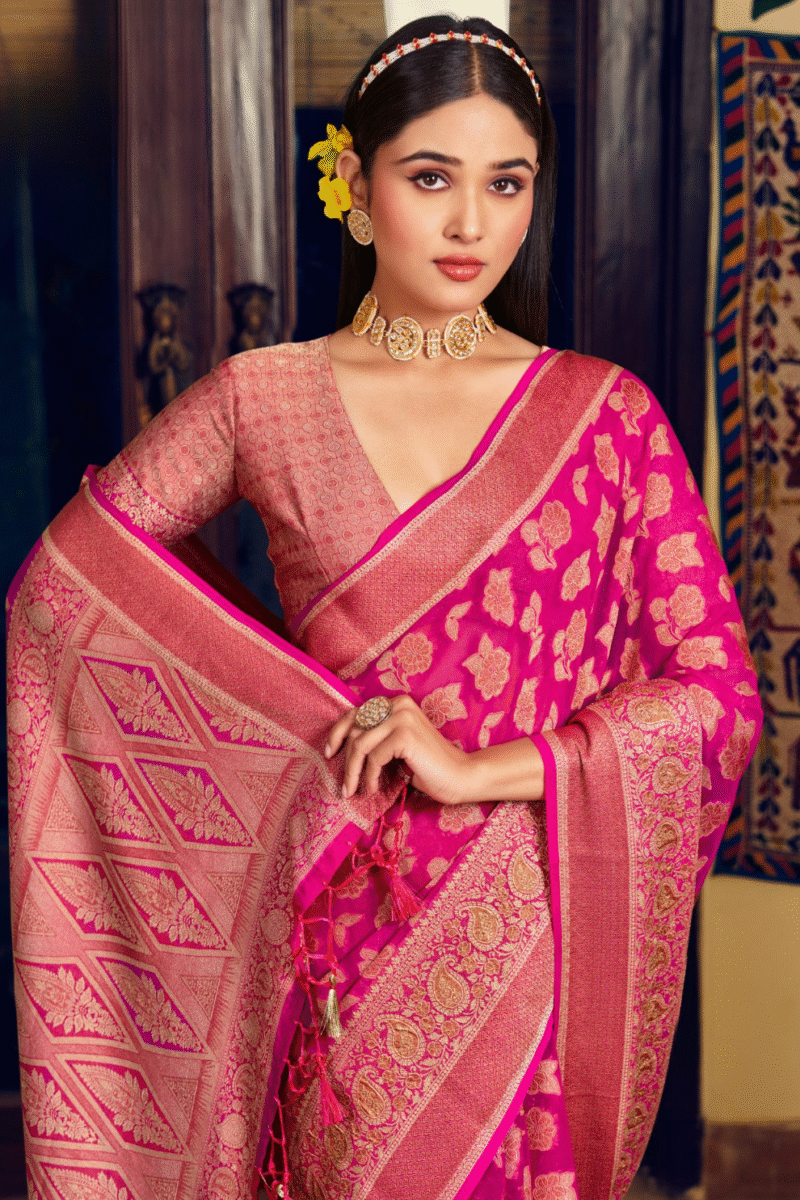 Pink Luxe Georgette Saree with Weaving Buta Border Pallu - Image 3