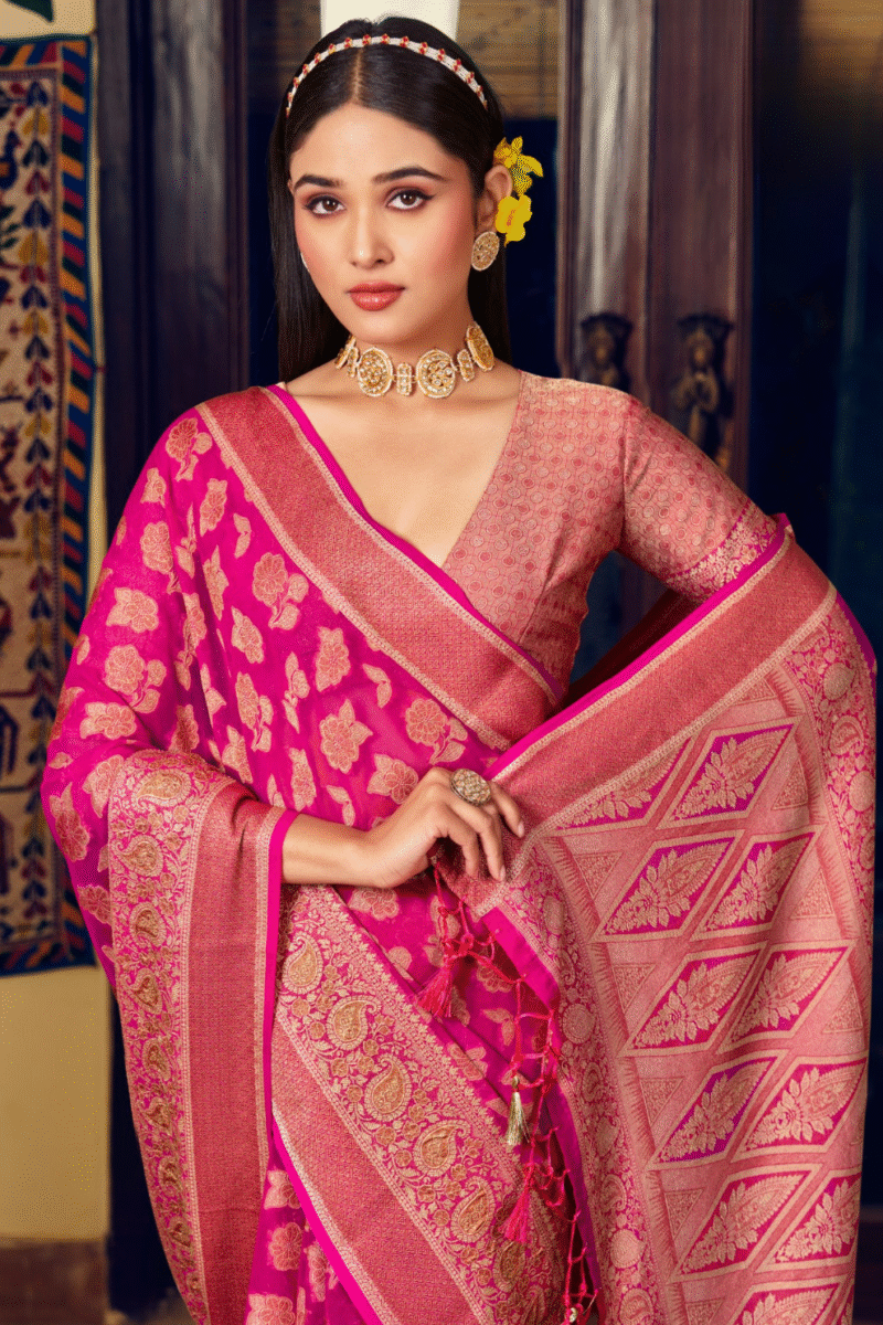 Pink Luxe Georgette Saree with Weaving Buta Border Pallu - Image 2