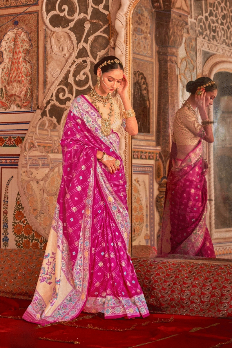 Rani Pink Silk Luxe Bandhani Saree with Paithani Border - Image 2