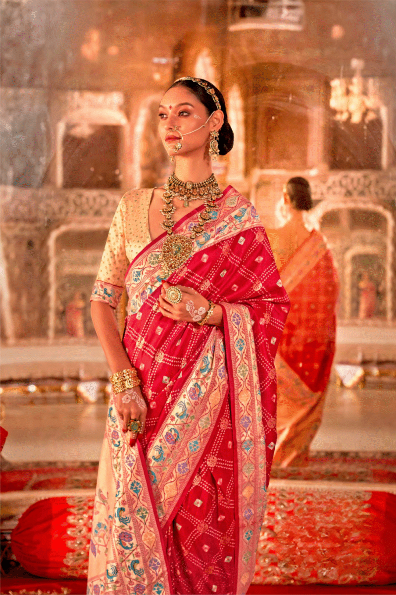 Red Silk Luxe Bandhani Saree with Paithani Border - Image 2