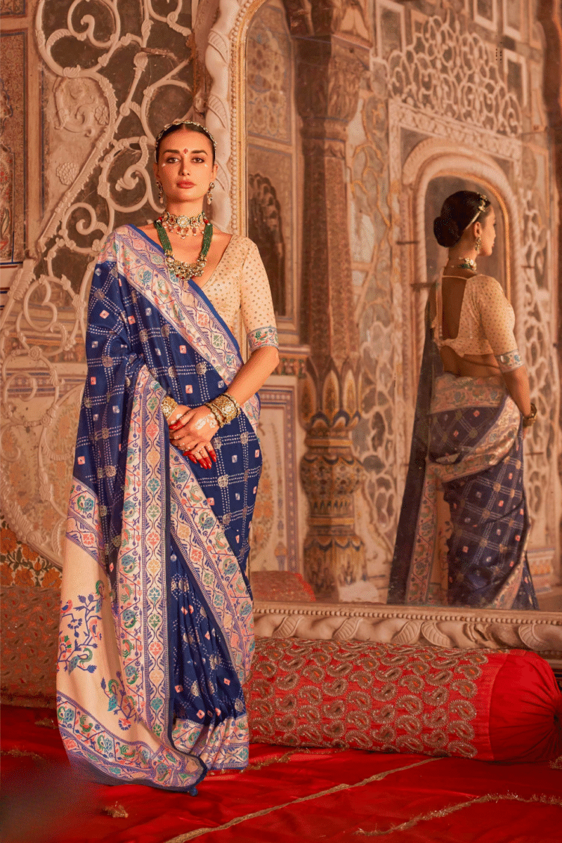 Navy Blue Silk Luxe Bandhani Saree with Paithani Border - Image 2