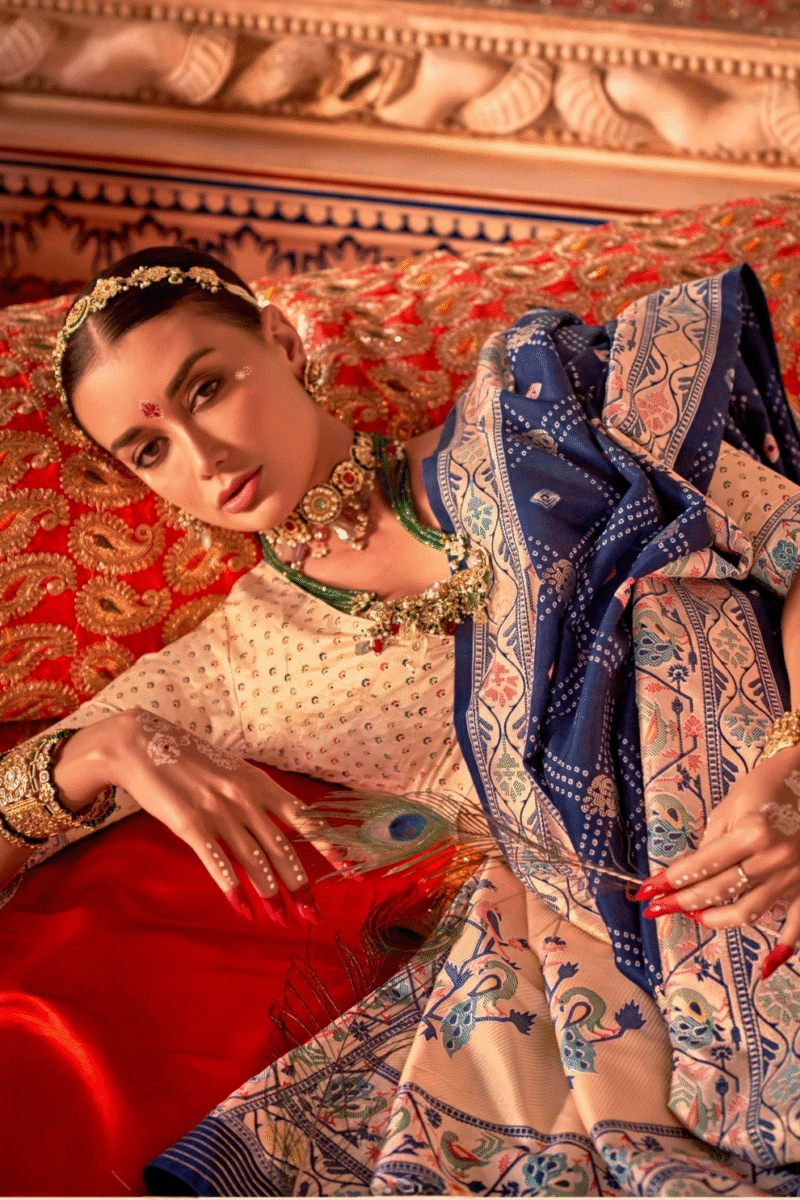 Navy Blue Silk Luxe Bandhani Saree with Paithani Border - Image 3
