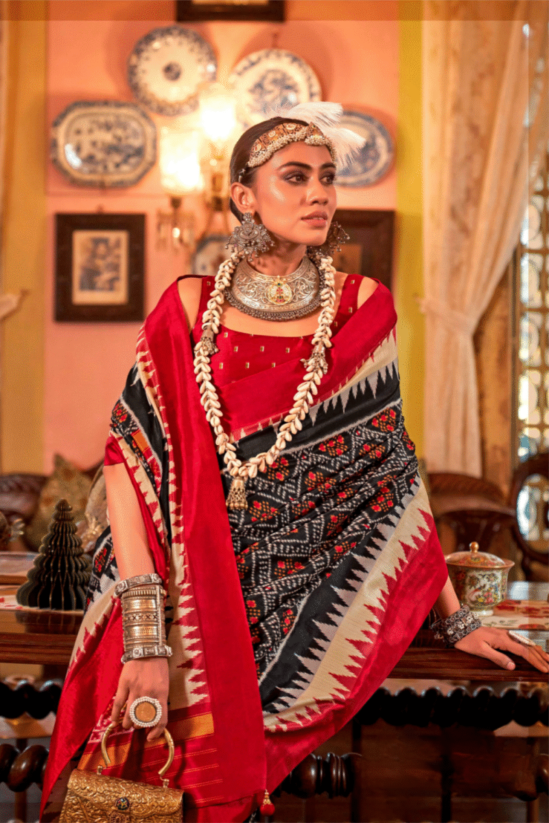 Black Polyester Viscose Silk Patola Designer Zari Work Saree - Image 4