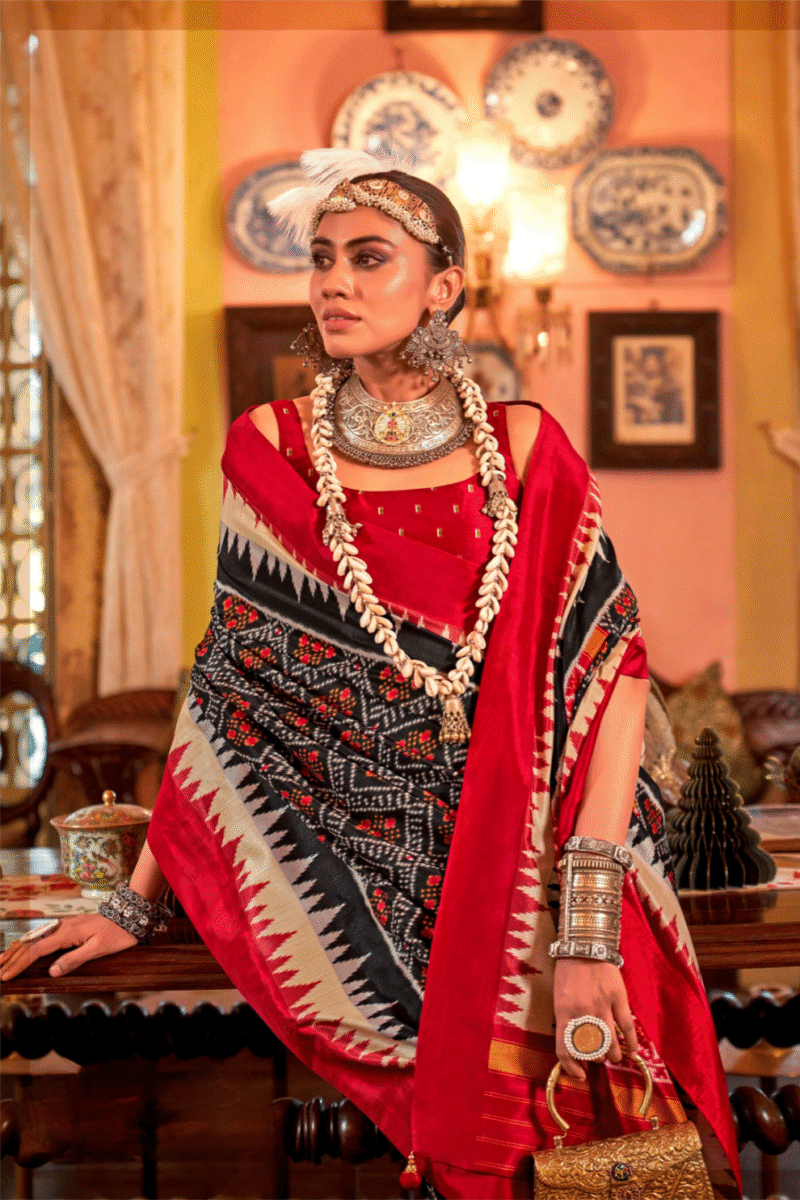 Black Polyester Viscose Silk Patola Designer Zari Work Saree - Image 3