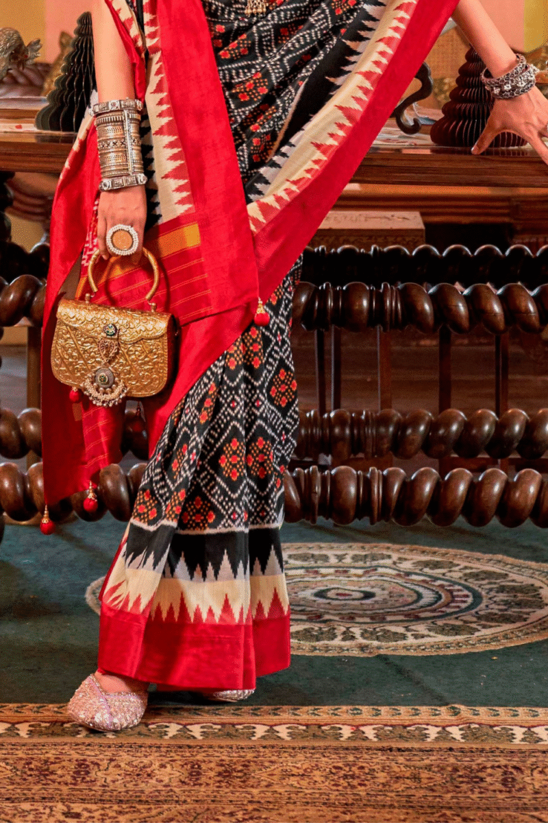 Black Polyester Viscose Silk Patola Designer Zari Work Saree - Image 2