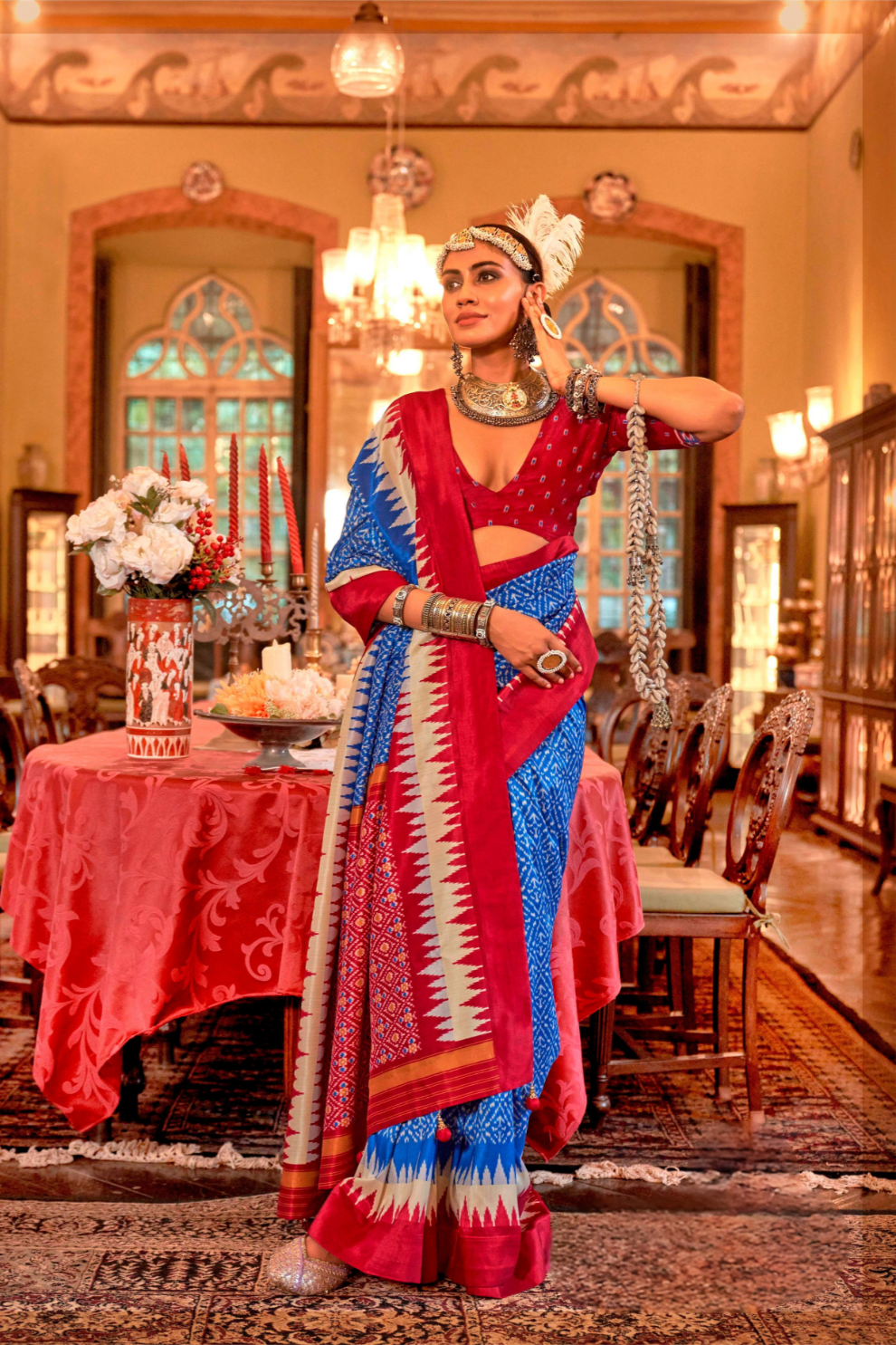 Blue Polyester Viscose Silk Patola Designer Zari Work Saree - Image 1