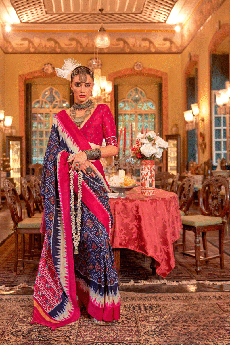 Royal Blue Polyester Viscose Silk Patola Designer Zari Work Saree - Image 3