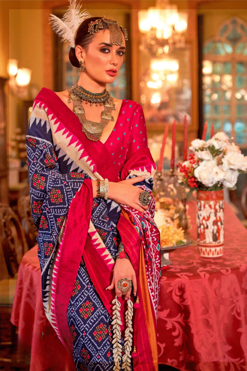 Royal Blue Polyester Viscose Silk Patola Designer Zari Work Saree - Image 4