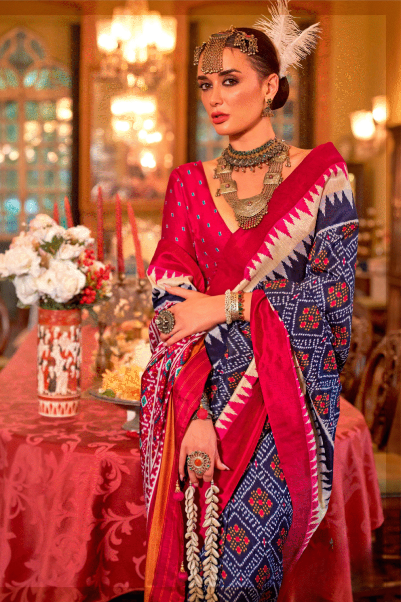 Royal Blue Polyester Viscose Silk Patola Designer Zari Work Saree - Image 2