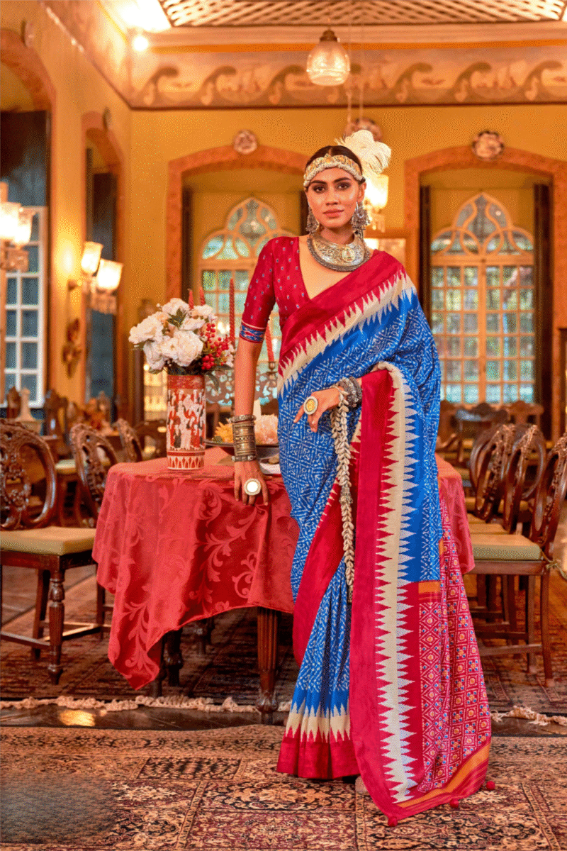 Blue Polyester Viscose Silk Patola Designer Zari Work Saree - Image 4